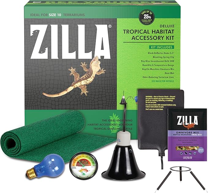 Zilla Tropical Habitat Accessory Kit, Starter Kit for Reptiles, Easy Start for Tropical-Dwelling Reptiles, Includes Lighting, Heating, Bedding and Food, Ideal for Size 10G Terrariums