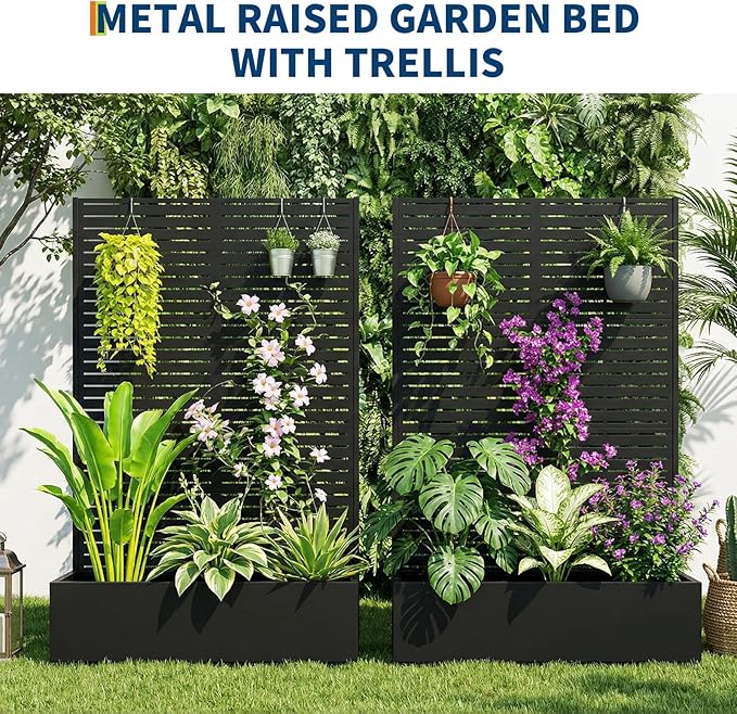 Metal Raised Garden Bed with Trellis & Privacy Screen, 70.1"x45"x15" Galvanized Metal Planter Box with Drainage Holes for Patio Balcony Outdoor Climbing Plants Flowers Vegetable, Black