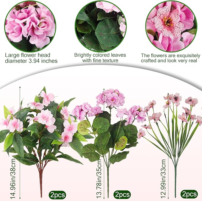CITYES 6 Pcs Artificial Flowers for Outdoors Impatiens Silk Geraniums Flowers Pink UV Resistant Faux Impatiens Flowers for Outdoor Planters Pot Patio Garden Hanging Basket Porch Table Indoor Decor