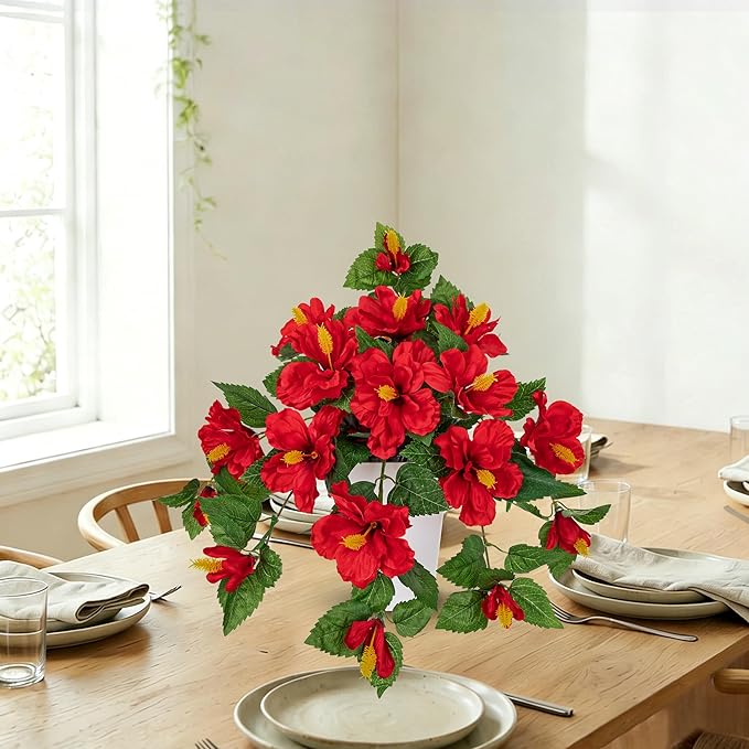Briful Artificial Hanging Hibiscus Flowers in Pot, Tropical Faux Hibiscus Plant with Removable Decorative Planter, Red Trailing Flower Basket for Porch Patio Balcony Indoor Outdoor Home Decor