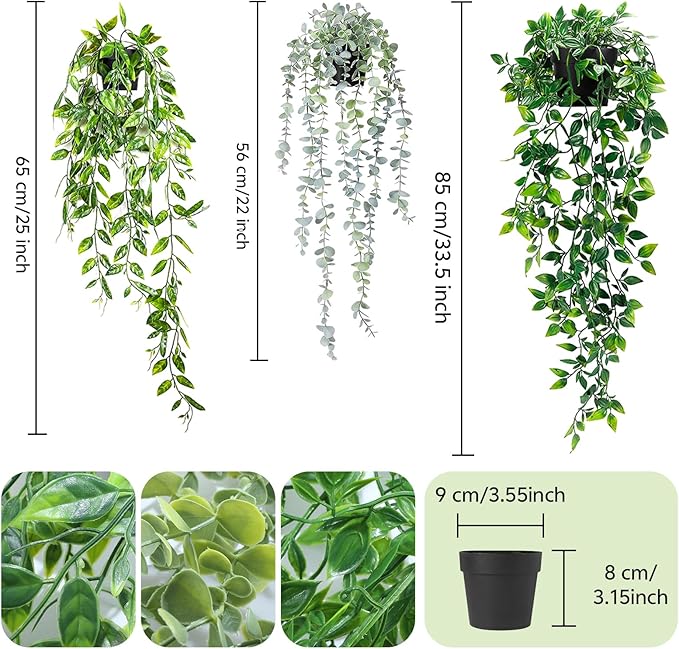 Fake Hanging Plants, 3pcs Artificial Small Potted Plants Fake Potted Greenery Faux Eucalyptus Mandala Vine Pea Pod for Home Indoor Outdoor Wall Garden Wedding Decoration