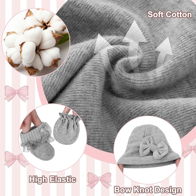 Ramede 5 Pack Preemie Newborn Hats Mittens Socks Set Cotton Bow Knot Caps Non-Scratch Gloves Ruffle Lace Socks for Girls Boys