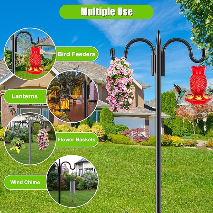 Gtongoko Double Shepherds Hook for Outdoor, 2 Pack 77 Inch Heavy Duty Bird Feeder Pole 3/4 Inch Thick Garden Hooks for Hanging Hummingbird Feeder, Plant Baskets, Solar Light Lanterns