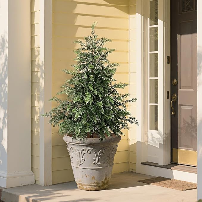 3FT Real Touch Cedar Topiary Trees for Front Porch Decor, Artificial Shrubs Faux Plants Potted UV Resistant Fake Greenery for Outdoor Indoor Door Garden Farmhouse Home Decoration (Set of 2)