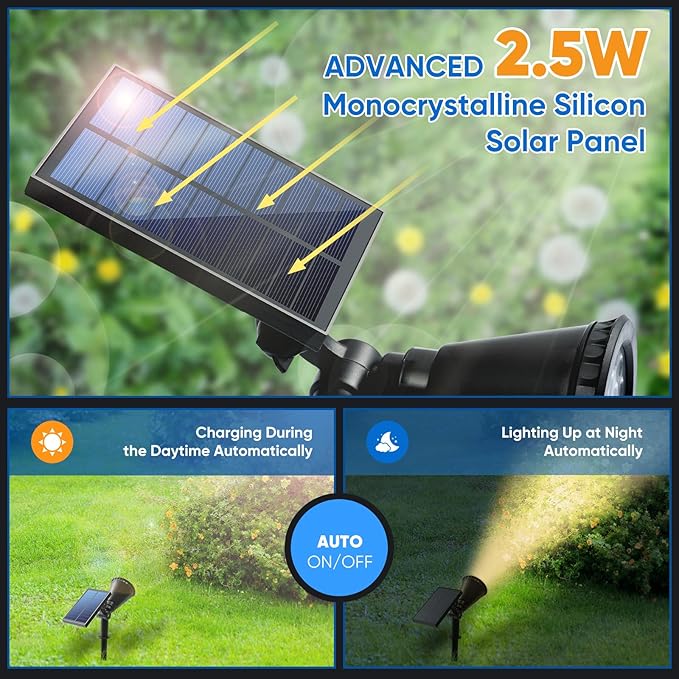 KEV 800 Lumens Solar Spot Lights Outdoor,4 Pack 18 LEDs Solar Flood Lights with 2 Modes &Adjustable &IPX65 Waterproof,Solar Spotlight for Driveway/Backyard/Patio Landscape/Tree/Garage(Warm White)