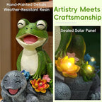 Solar Garden Statues, Cute Smiling Animal Outdoor Decor with 8 Bright LED Lights for Patio Yard Balcony Perfect Mother‘s Day Birthday Housewarming Garden Gift (Green Frog - Stone colored Turtle)