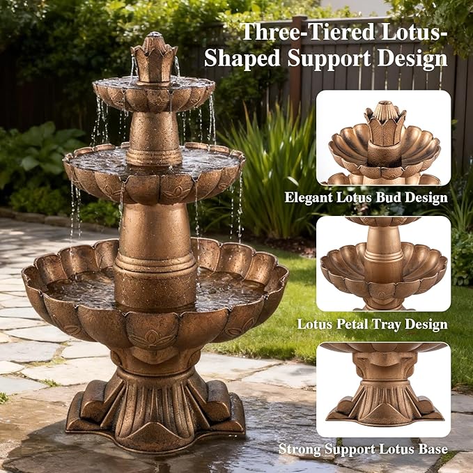 MO 48.8" 3-Tier Freestanding Water Fountain Outdoor Garden, Like Stone Large Bird Bath with Pump, Outdoor Waterfall Feature for Yard Patio Home Decor