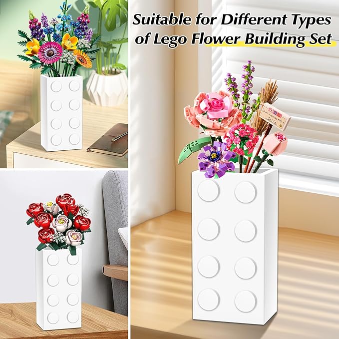 Vase for LEGO 10347 10280 10328 Flowers, for Lego Flower Bouquet Building Set,Display Stand for LegoRoses Cherry Blossom Sunflower Tulips Daffodils Lotus-Gift for Lego Flowers Lover(vase only)-White