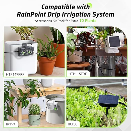 RAINPOINT Easy-Setup Solar,Rechargeable,USB-C Powered Auto Drip Irrigation Kit System with 10 Plants Expansion Kit