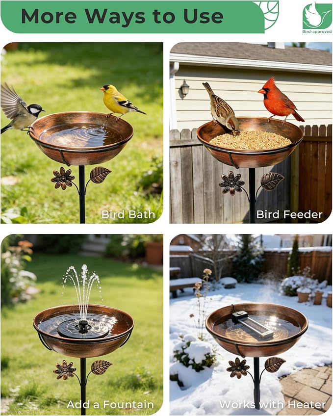 Metal Bird Bath for Outside, 3" Deep 12" Dia Removable Bowl, 36" H Garden Bird Bath | Stable 5-Prong Stake, Rust-Resistant, Easy Clean Outdoor Birdbath for Yard Lawn Patio