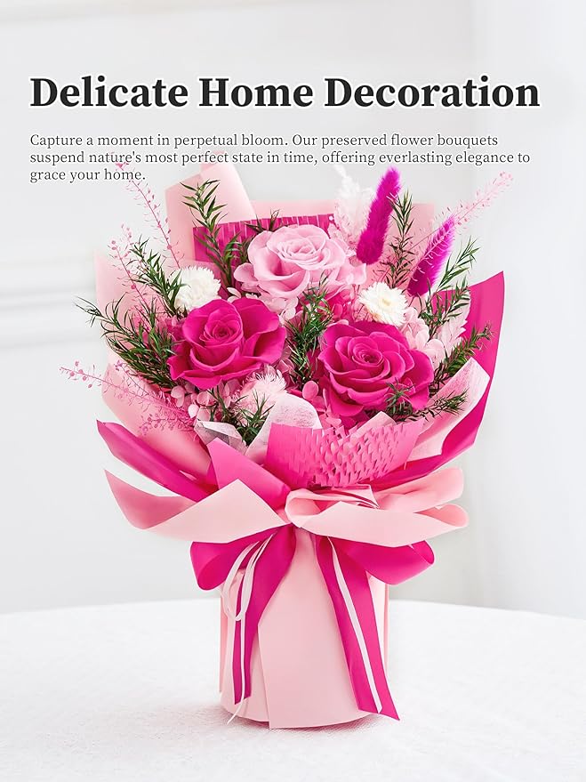 Preserved Flowers Bouquet, Forever Flowers for Delivery, Mothers Day Long-Lasting Real Roses Bouquet, Anniversary Birthday Flowers Gifts for Mom Grandma Women Wife Her (Hot Pink)