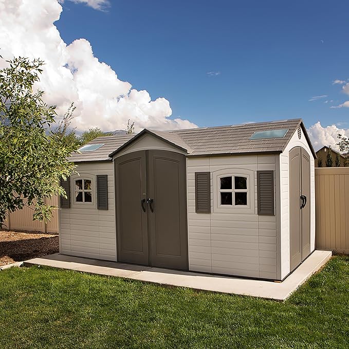 Lifetime 15×8 Ft Dual‑Entry Outdoor Storage Shed, Steel‑Reinforced, UV‑Protected, Weather‑Resistant Backyard Garden Shed with Skylights, Windows & Shelving, Desert Sand