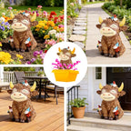 Solar Highland Cow Garden Statue with Funny Gnomes Outdoor Decor,Cow Figurine with LED Lights Yard Art Decoration for Garden,Patio,Lawn-Unique Gift for Mom,Grandma