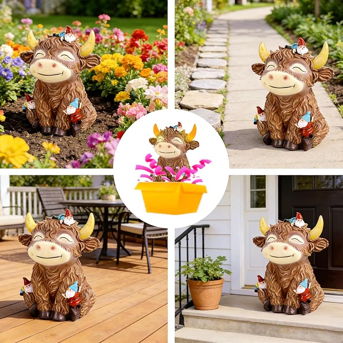 Solar Highland Cow Garden Statue with Funny Gnomes Outdoor Decor,Cow Figurine with LED Lights Yard Art Decoration for Garden,Patio,Lawn-Unique Gift for Mom,Grandma