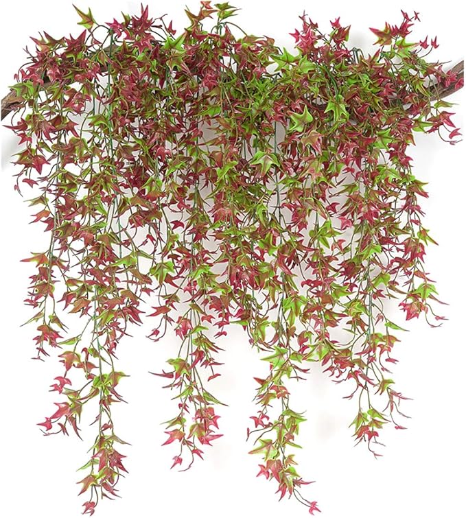 PASYOU Artificial Vine, Hanging Ivy Sweet Potato Leaves Plastic Plants Foliage Vines, UV Resistant Greenery Fake Flowers for Indoor Outdoor Garden Door Wall Wedding Party Table Decoration Red 4 Pack