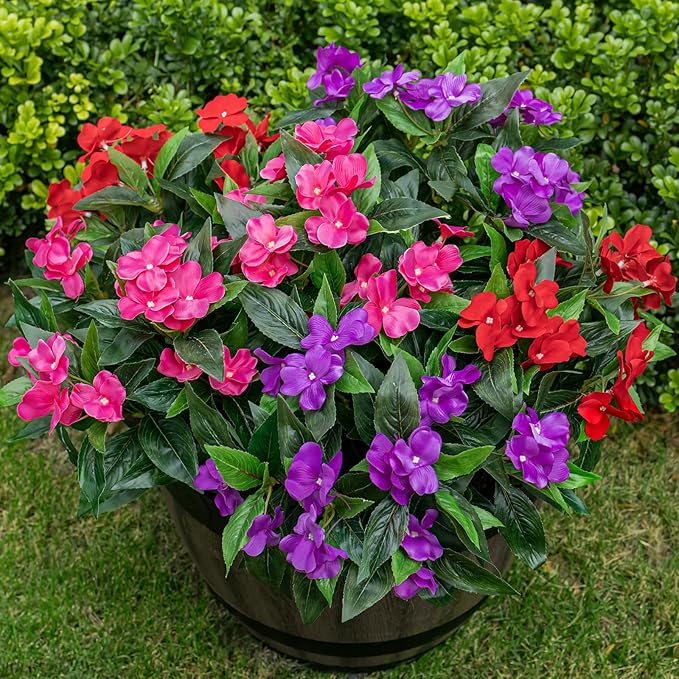 Nigirior Artificial Fake Flowers for Outdoor Décor 6 Bundles UV Resistant Fake Plants for Planter Faux Impatiens for Home Porch/Garden Stunning（Red/Rose Red/Purple）