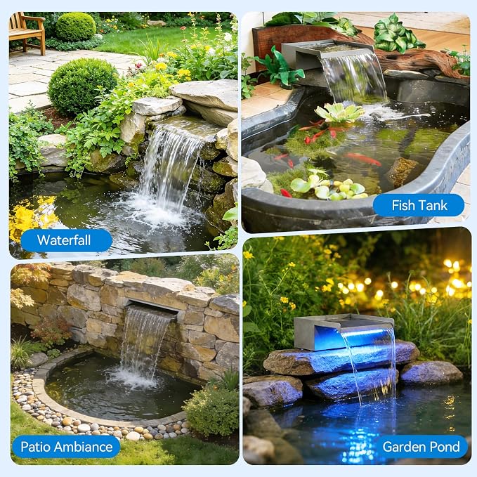 POPOSOAP 12INCH Pond Waterfall Spillway with Multi-Stage Pond Filter & RGB LED Lights APP/Remote Control, 40W 660GPH Pump with 9.8FT Tubing for Garden Ponds, Aquariums, Outdoor Landscapes-P7331D