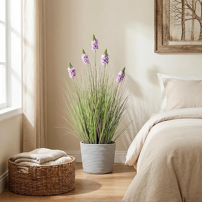 Artificial Plants Indoor Tall Grass Plants with Lilac Flower 35.4In Tall Artificial Ornamental Grass Green Onions Outdoor Fake Plants with Black Pot Home Office Decorative (1 Pack,Purple)