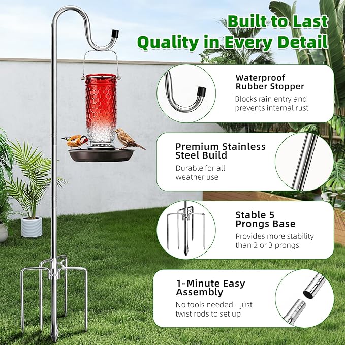 COCONUT Shepherds Hook, 62 Inches Shepherds Hook with 5 Prongs Base Stainless Steel Adjustable Garden Hanging Holder for Bird Feeders Lanterns Planting Hanger Weddings Decor, Silver