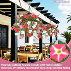 2 Pack Artificial Flowers Hanging Baskets for Outdoors, 10 PCS UV Resistant Faux Outdoor Plants, Fake Petunias Silk Flowers for Garden Balcony Yard Porch Decor (White Red Pink)