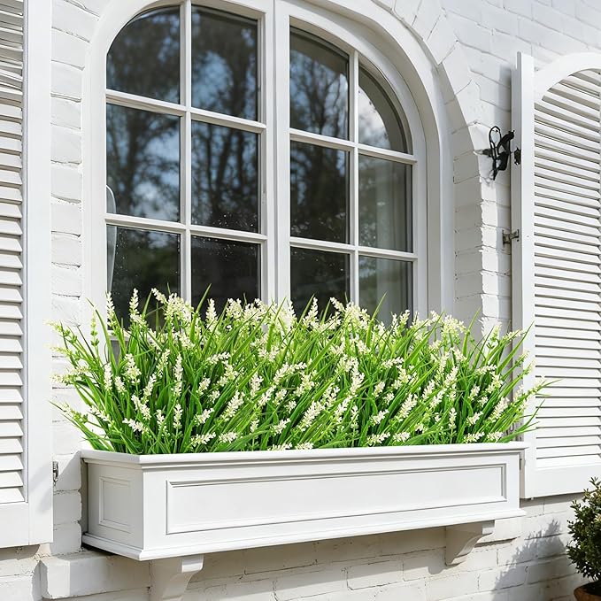 24 Bundles Artificial Plants Flowers Outdoor, Faux Lavender Flowers Fake Monkey Grass UV Resistant Plastic Plant for Porch Garden Patio Window Home Decor, White