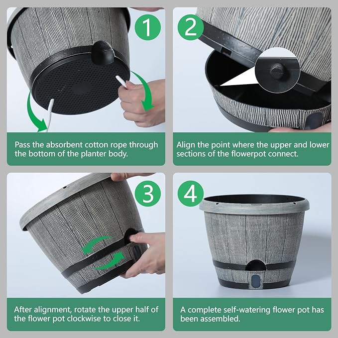 Sun-E Whiskey Barrel Self Watering Planters 10 Inch 3Pack with Water Level Window, Drainage Holes, Saucers & Plant Tags-Gray Imitation Wood Grain Pots for House Plants,Plants&Decor Not Included