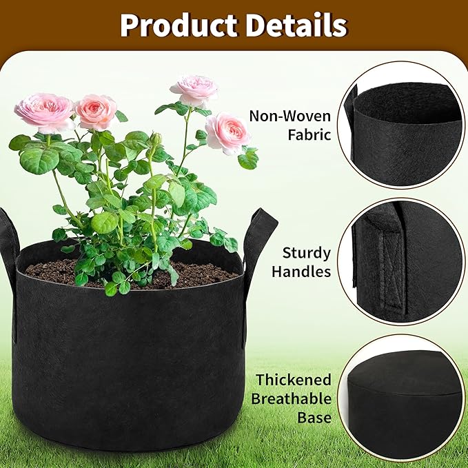 6 Pack 1 Gallon Grow Bags, Heavy Duty 300g Nonwoven Fabric Plant Pots with Reinforced Handles, Breathable Potato Grow Bags for Vegetables, Herbs, Seedlings - Black