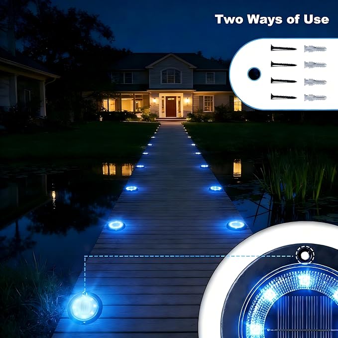 Flacchi Solar Lights Outdoor Waterproof - 2-in-1 Solar Powered Ground Lights Outdoor Solar Disk Light Landscape Light for Deck Step Patio Yard Pathway Walkway Driveway Garden (Blue, 2 Pack)