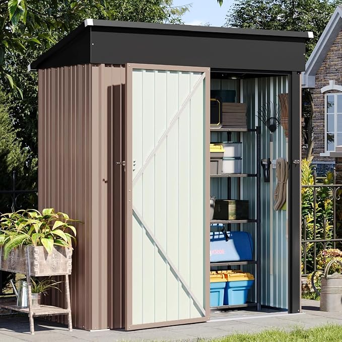 Aoxun 5’ x 2.9’ Shed Outdoor Storage Shed with Lockable Doors & Slooping Roof Metal Garden Tool Shed for Backyard, Patio, Poolside (Brown)