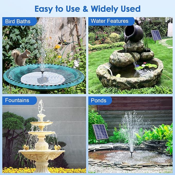POPOSOAP Solar Fountain Pump for Bird Bath, 6.5W Solar Water Fountain Pump with Dry-Run Protection & Double-Layer Nozzles 5Ft Tubing for Pond, Bird Bath, Backyard Water Features