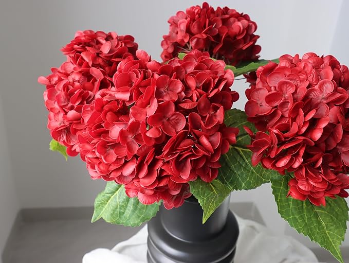 Buart 4PCS Long Stem Big Size Flowers Artificial Silk Hydrangea Lifelike Flowers Real Touch Red Artificial Flowers Wedding Shower Bride Bouquets Office Living Room Table Decorations (21 Inch)