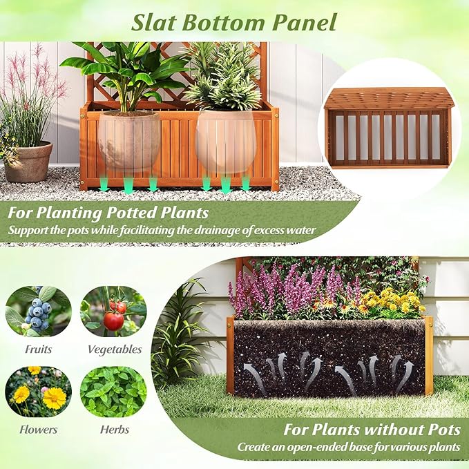 Giantex Solid Acacia Wood Planter Box with Trellis, 63" Raised Garden Bed with Trellis, Plant Box, Slat Base, Outdoor Privacy Planter for Vine Climbing Plants Flowers, Garden, Patio, Balcony