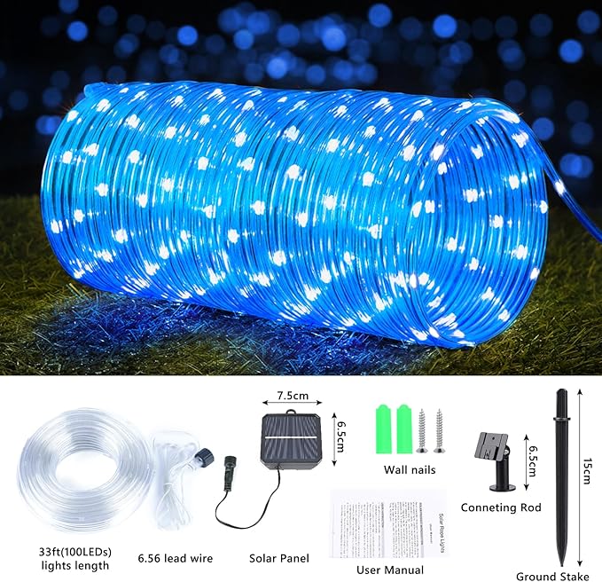 Solar Rope Lights, 33ft 100LED Solar String Lights, 8 Modes Waterproof Solar Powered Outdoor Light, Flexible Clear Tube Light for Garden Backyard Patio Deck Porch Pool Tree Christmas Decoration - Blue