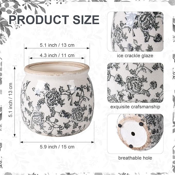 DREAMLOOM Vintage Ceramic Planter for Indoor Plants,6.1" Ice Crack Cottage Scroll Vase Tuscan Decor Flower Pots with Drainage Holes Home Kitchen Farmhouse Antique Decorative Gift (Grey-Round)