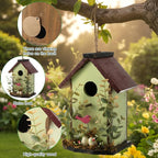 DoubleFill 2 Pcs Birdhouses for Outdoor Hanging Yard Outside Wooden Birdhouse Hand Painted Bird Box for Bird Lovers Bluebird Tree Garden Decor Decorative Birdhouse(Blue,Light Green,Iron Roof)