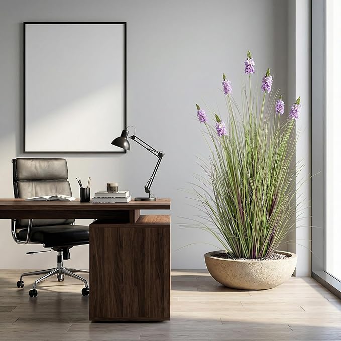 Artificial Plants Indoor Tall Grass Plants with Lilac Flower 47.2InTall Artificial Ornamental Grass Green Onions Outdoor Fake Plants with Black Pot Home Office Decorative (1 Pack,Purple)