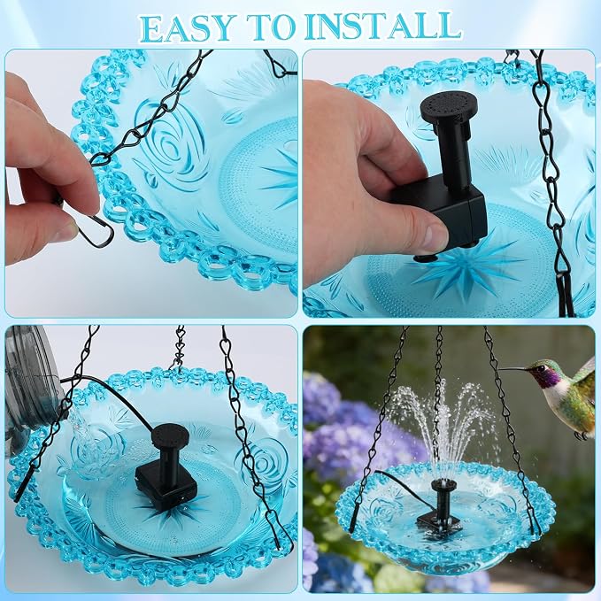 Hanging Bird Bath with USB Nozzle Fountain, USB Powered Bird Bath Fountains for Outside, Garden Patio Yard Decor with Adjustable Chain, Blue