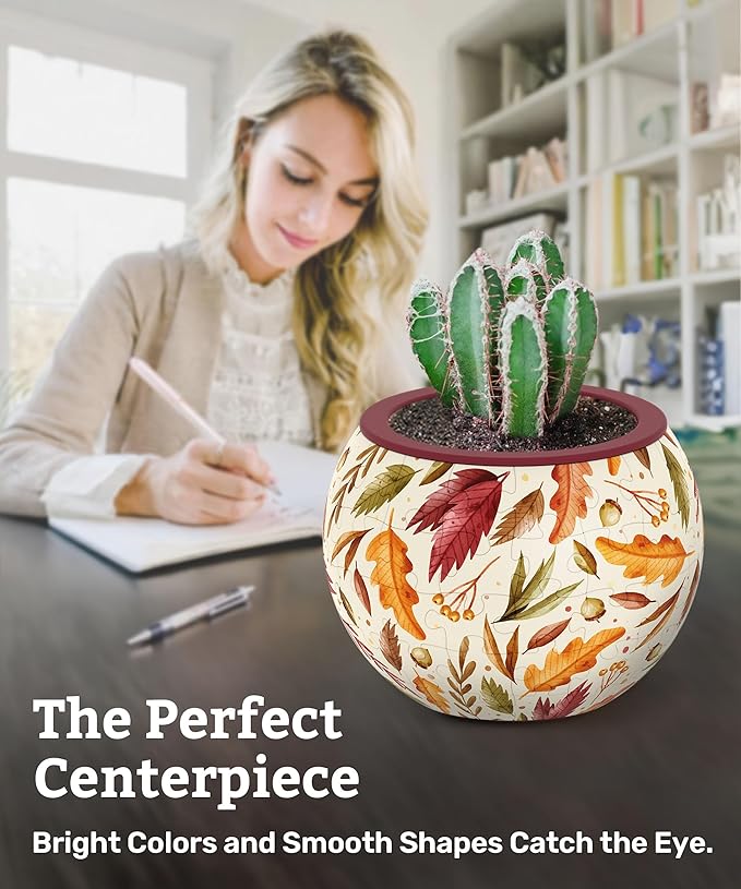PieceRelax 3D Puzzle Planter 80 Pieces - Flower Pot - Dancing Leaves in Fall, for Mom, Home Decor Flower Pots for Indoor Cactus, Succulents Pots [K1108]