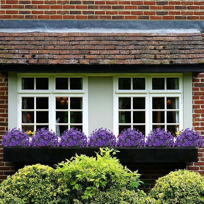 15 Bundles Artificial Flowers UV Resistant Outdoor Plants No Fade Faux Plastic Shrubs Fake Silk Flowers Window Box Garden Porch Home Decoration (Morning Glory Purple)