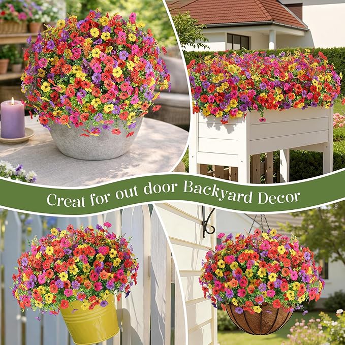 SHareconn 24 Bundles Artificial Flowers for Outdoors Decoration, Faux Plants Fake Silk Colorful Daisy Eucalyptus Lavender, UV Resistant for Outside Home Indoor Spring Decor, RedRosyPurpleYellowOrange