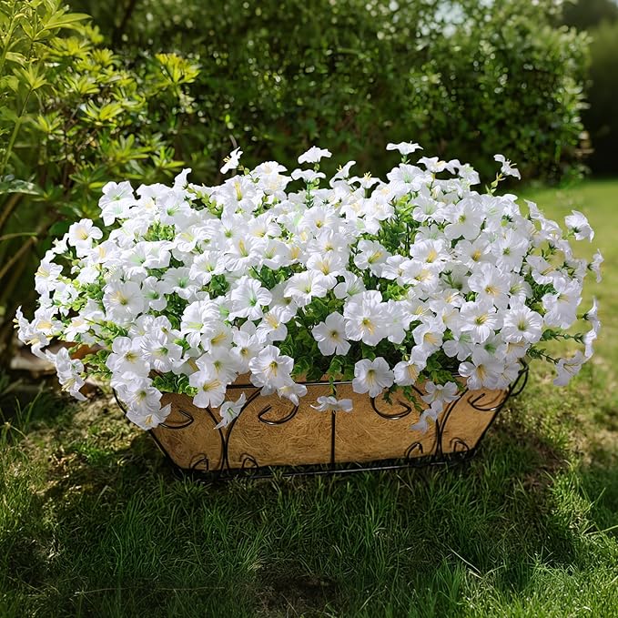 Artificial Flowers for Outdoors Fake Plants Outside Decoration, 20 Bundles White Silk Petunia with Eucalyptus UV Resistant Realistic Faux Flowers for Outdoor Planters Garden Balcony Yard Porch Patio