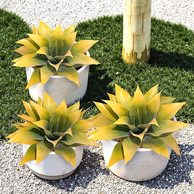 Artificial Agave Plants, Realistic UV Resistant Fake Aesthetic Plants for Outdoor Indoor, Home Decor for Garden, Porch, Doorway, Patio (2PCS, Yellow, Large)