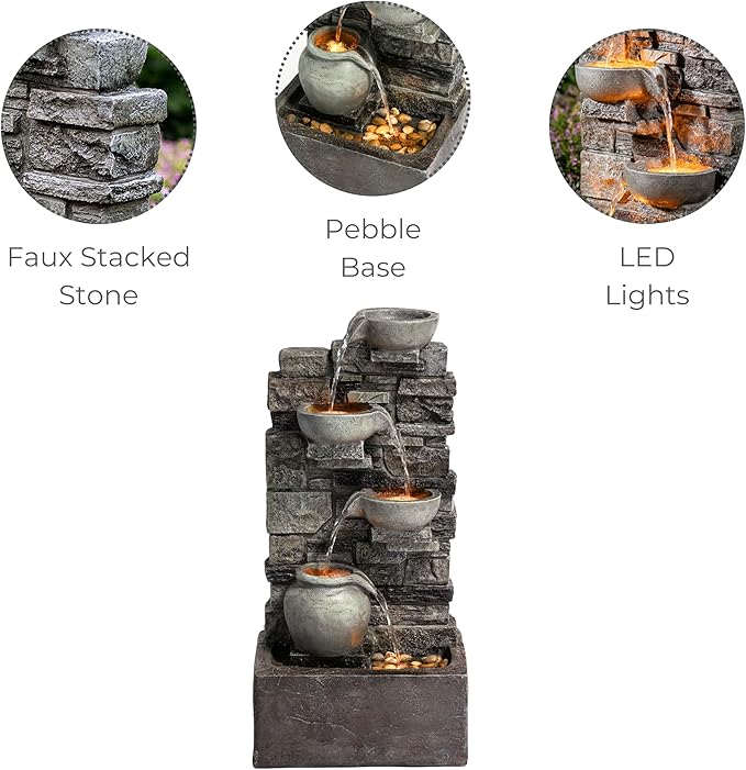 Teamson Home 28.5" Outdoor 4-Tier Stacked Stone Cascading Water Fountain with LED Lights, Gray