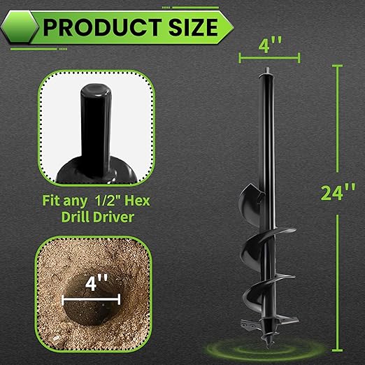 SYITCUN Auger Drill Bit for Planting - 4"X24" Heavy-Duty Auger Post Hole Digger for Fence- 1/2" Hex Drive Drill