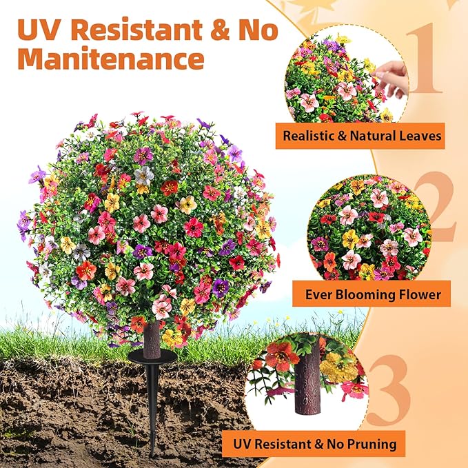 27.5" Artificial Flowers Boxwood Topiary Ball Tree Set of 2, UV Resistant Fake Bushes Shrubs with Ground Spike, Faux Evergreen Tree for Front Porch Outdoor Garden Decor