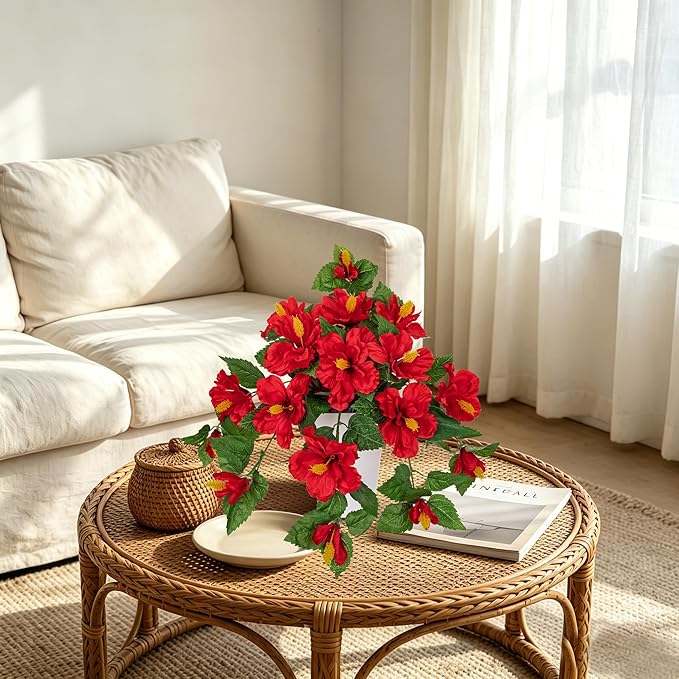 Briful Artificial Hanging Hibiscus Flowers in Pot, Tropical Faux Hibiscus Plant with Removable Decorative Planter, Red Trailing Flower Basket for Porch Patio Balcony Indoor Outdoor Home Decor