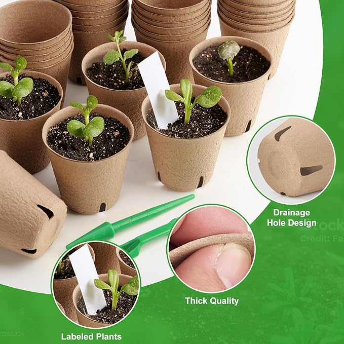 Baxrou 120 Pack 3.15 Inch Peat Pots Plant Starters for Seedling, Herb Seed Starter Pots Kits, Garden Germination Nursery Pot wit 30 Plant Labels, 2 Transplant Tools.