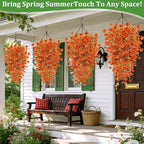TURNMEON 4 Pcs Artificial Hanging Flowers for Outdoors Decorations Faux Flowers Plants for Outdoors, Silk Morning Glory with Eucalyptus Look Real UV Resistant for Home Yard Porch Outdoor(Orange)