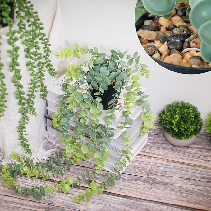 LOYWREE 2 Pack Fake Hanging Plants Artificial Eucalyptus Small Potted Long Vine Plant for Indoor and Outdoor Shelves, Walls, Rooms, Homes, Offices, and Gardens Decor (Black Pot)