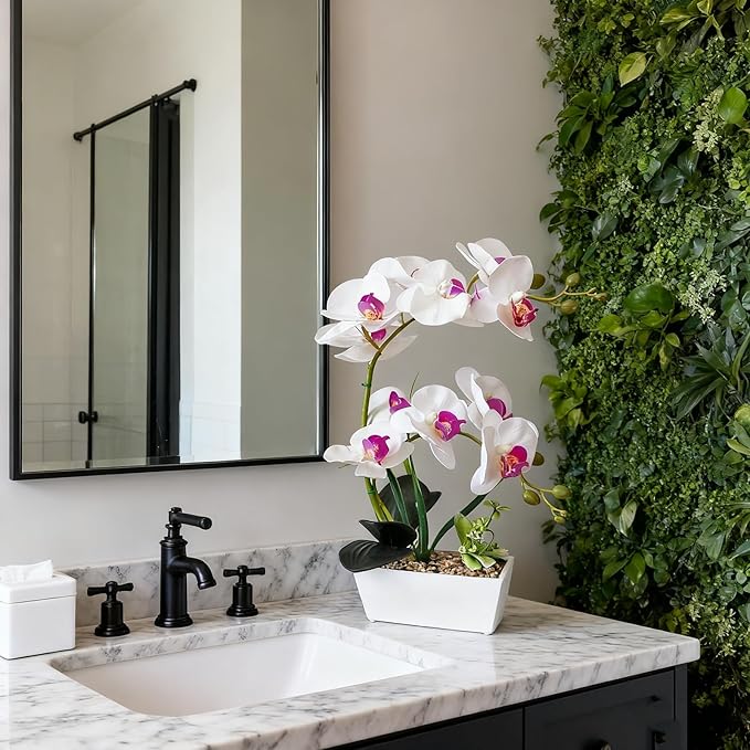 White Orchids Artificial Flowers Fake Orchid in Pot Phalaenopsis Flower Large Faux Orchid Plant Real Looking Fake Flowers Table Decor for Living Room Centerpieces Indoor Bathroom Plants